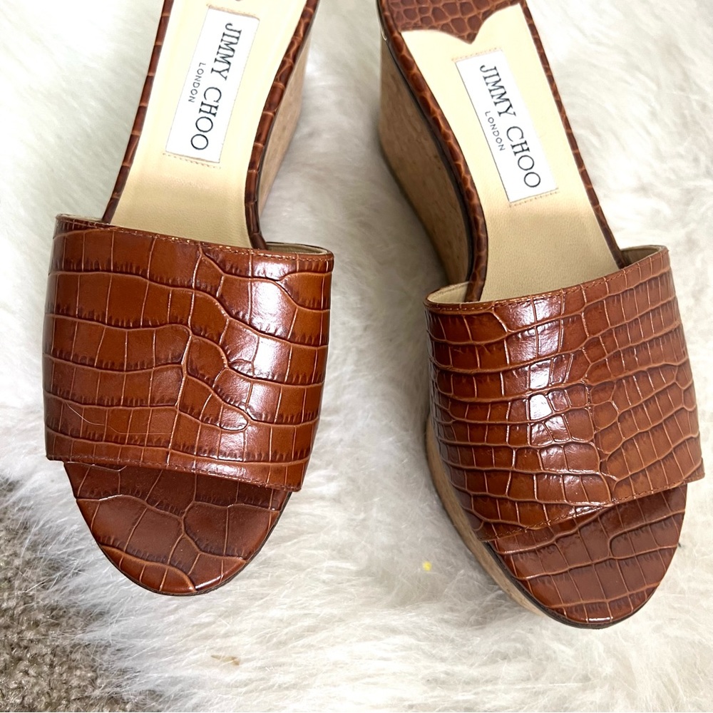 Jimmy Choo Dee Dee Croc Leather Cork Platform Sandals - Picture 7 of 15